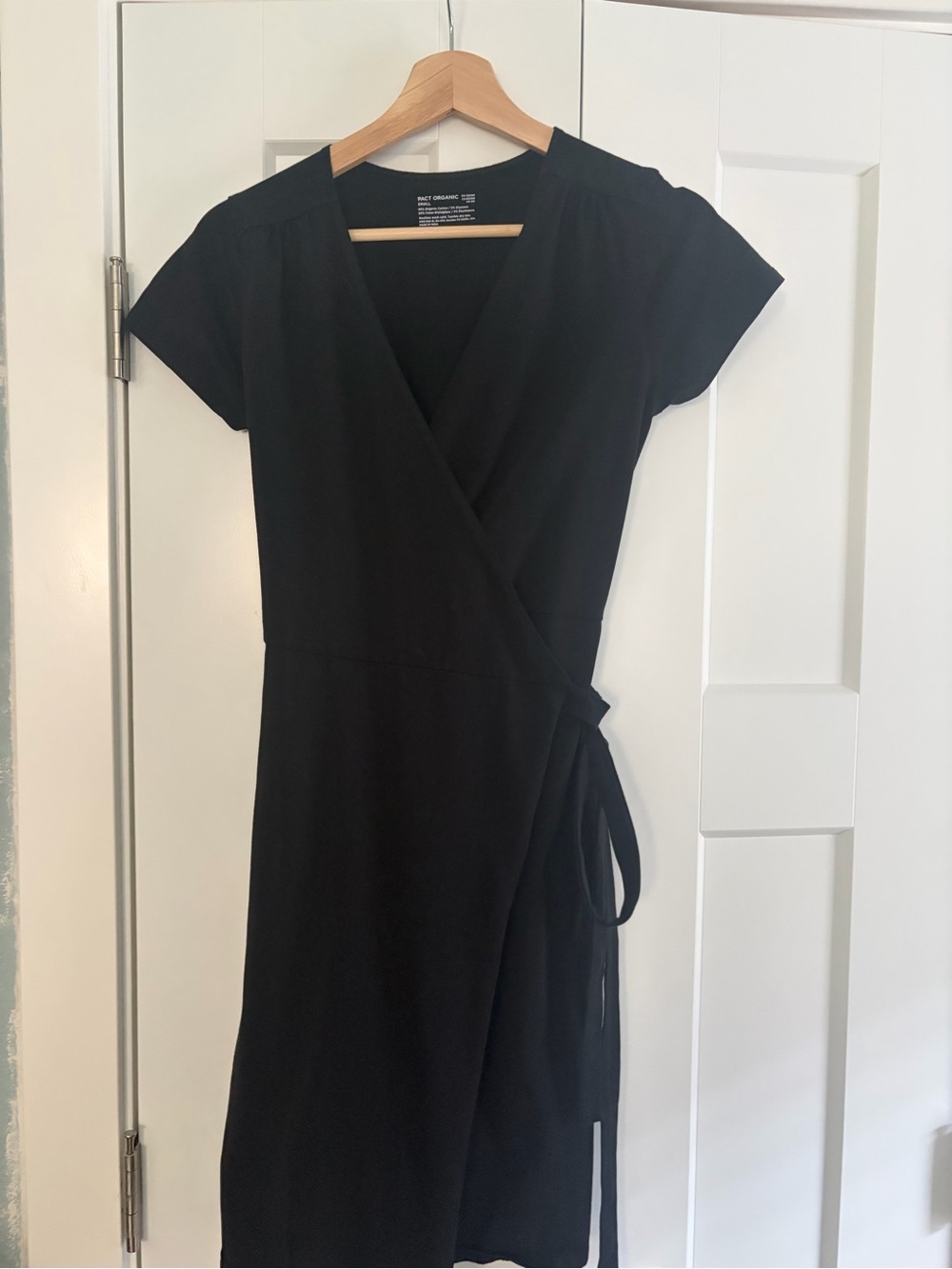 Pact Organic Black Wrap Short-Sleeve Midi Dress with Waist Tie